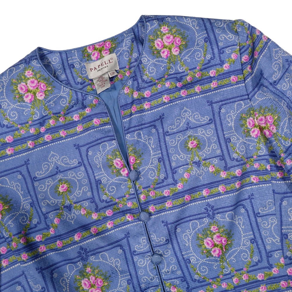 VTG PAPELL‎ PETITES Women's Size 12P Blue Pink Floral Print Silk Blazer Jacket